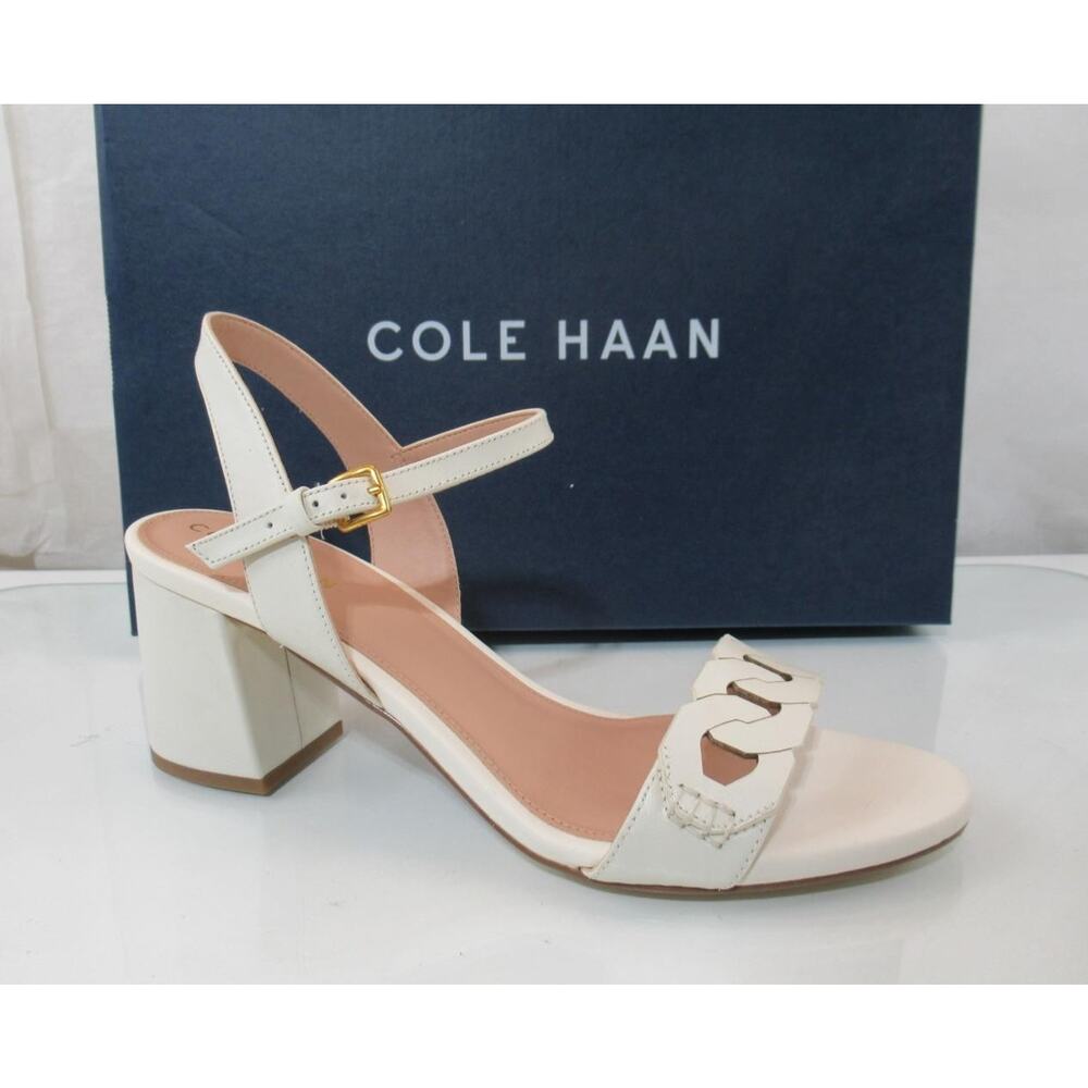 Cole Haan Josie Chain Block Heel Ankle Strap Sandal Ivory Leather Size 8